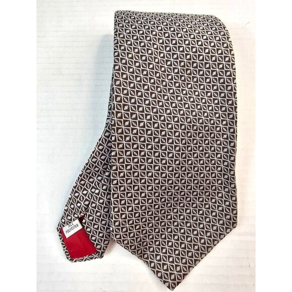 Vintage Lovemans Brown & White Geometric Pattern Necktie Polyester Red Lining - Picture 2 of 7